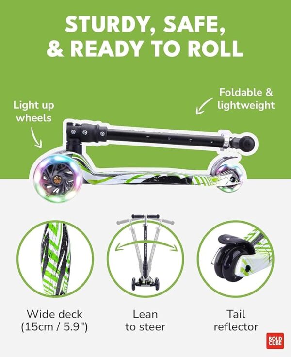 Big Fold | Three Wheel Scooter for Children Ages 5-10 Years | LED Wheels with Flashing Lights | Height Adjustable 65 to 89 cm | Rear Reflectors - Image 3