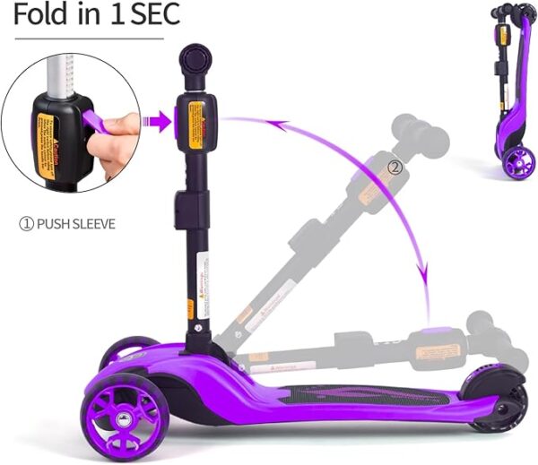 Kick Scooter Adjustable Height for Kids Ages 2-6 3 Wheel Scooter with LED Light and Extra Wide Deck ，Kids Scooter， Purple - Image 3