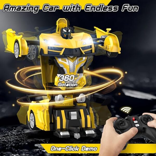 Remote Control Car，Transform Robot RC Cars with Cool LED Headlights, 2.4Ghz Toys Car with 360 Degree Rotation and One-Button Deformation, Christmas Birthday Gifts for Boys Girls(Yellow) - Image 3