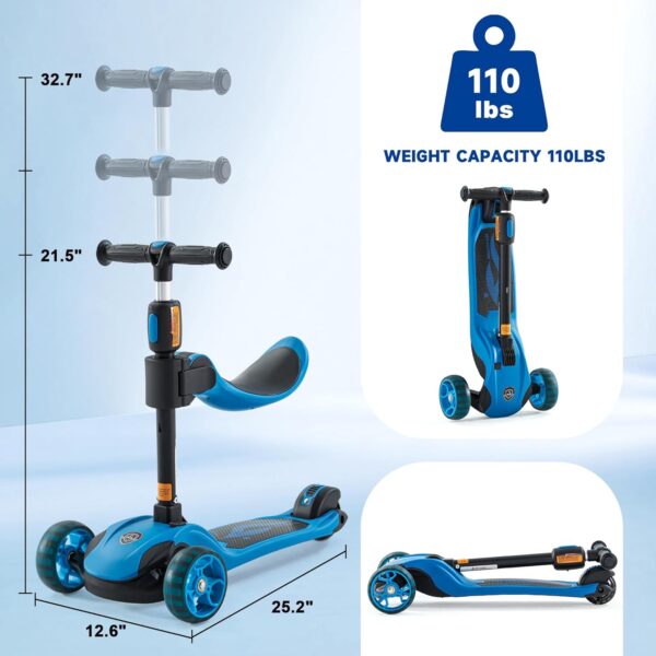 Kick Scooter Adjustable Height for Kids Ages 2-6 3 Wheel Scooter with LED Light and Extra Wide Deck ，Kids Scooter， Blue - Image 5