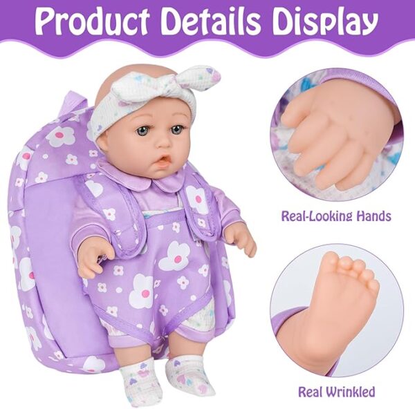 12" Realistic Baby Doll with Flower Backpack Carrier – Ultimate Pretend Play Set - Image 6