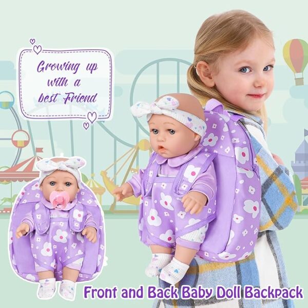 12" Realistic Baby Doll with Flower Backpack Carrier – Ultimate Pretend Play Set - Image 3