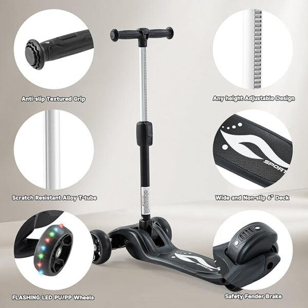 Kick Scooter Adjustable Height Adjustable Handlebar，Kids Scooter 3 Wheel with LED Lights，Suitable Kids Ages 2，Ages 6，Ages 8，Extra Wide Deck for Boys and Girls - Image 3
