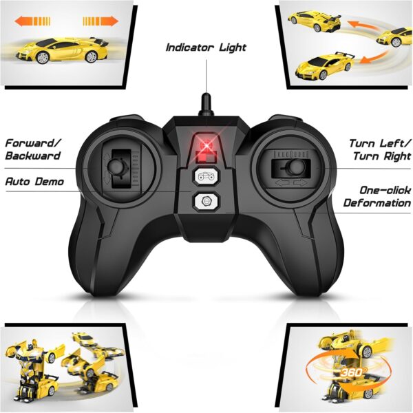 Remote Control Car，Transform Robot RC Cars with Cool LED Headlights, 2.4Ghz Toys Car with 360 Degree Rotation and One-Button Deformation, Christmas Birthday Gifts for Boys Girls(Yellow) - Image 6