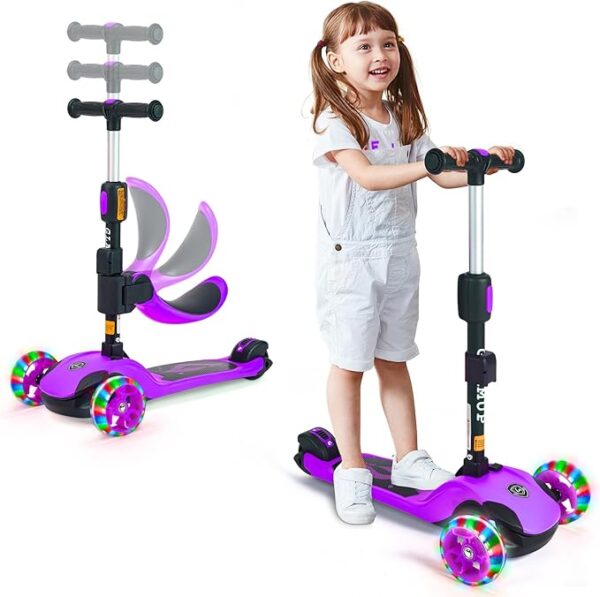 Kick Scooter Adjustable Height for Kids Ages 2-6 3 Wheel Scooter with LED Light and Extra Wide Deck ，Kids Scooter， Purple - Image 2