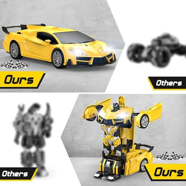 Remote Control Car，Transform Robot RC Cars with Cool LED Headlights, 2.4Ghz Toys Car with 360 Degree Rotation and One-Button Deformation, Christmas Birthday Gifts for Boys Girls(Yellow) - Image 5