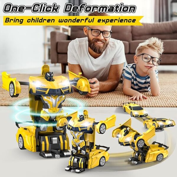 Remote Control Car，Transform Robot RC Cars with Cool LED Headlights, 2.4Ghz Toys Car with 360 Degree Rotation and One-Button Deformation, Christmas Birthday Gifts for Boys Girls(Yellow) - Image 2