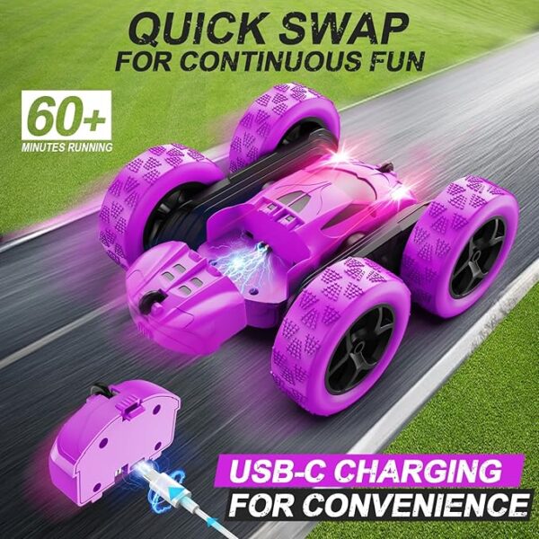 Purple RC Stunt Car for Girls - 360° Flips & LED Lights | 2.4GHz High-Speed Fun - Image 3