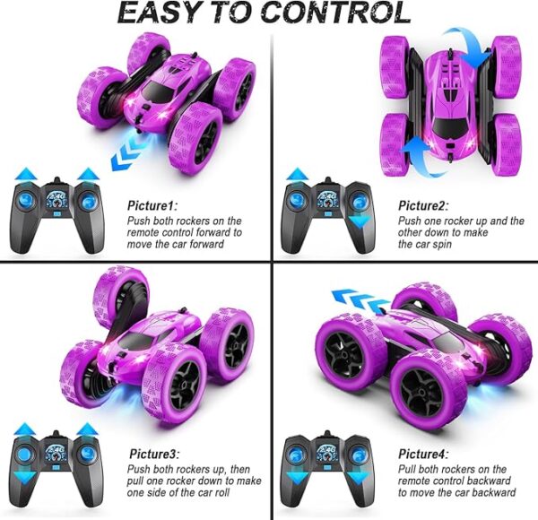 Purple RC Stunt Car for Girls - 360° Flips & LED Lights | 2.4GHz High-Speed Fun - Image 6