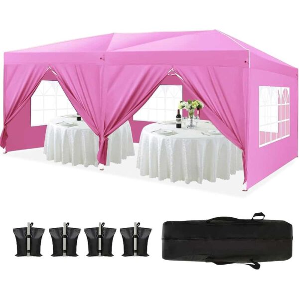 Folding Canopy with 6 Removable Sidewalls Outdoor Event Shelter,10x20Ft Gazebo Portable Tents - Pink - Image 2