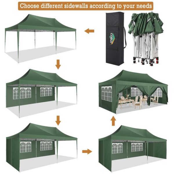 COBIZI 10x20 Pop Up Canopy Tent with 6 Sidewalls, Wedding Party Tent Outdoor Canopy UV50+ Waterproof Canopy Tent Event Shelter, 3 Adjustable Heights, with Carry Bag, Green - Image 5