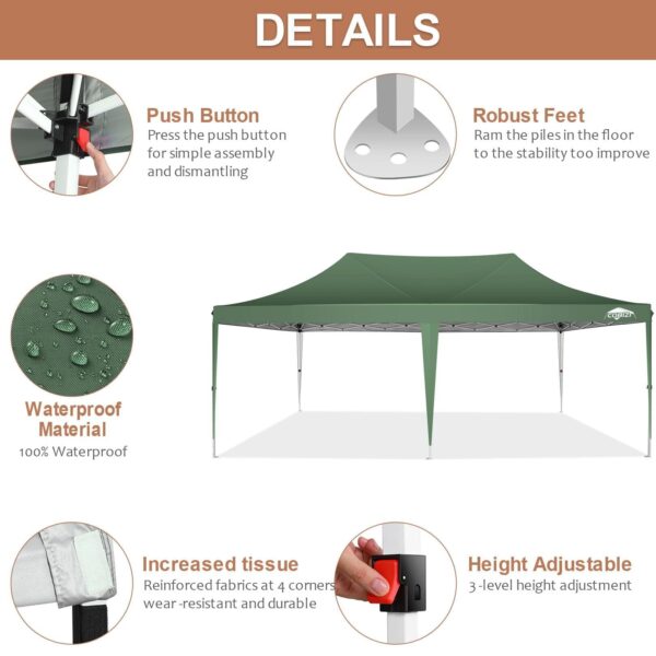 COBIZI 10x20 Pop Up Canopy Tent with 6 Sidewalls, Wedding Party Tent Outdoor Canopy UV50+ Waterproof Canopy Tent Event Shelter, 3 Adjustable Heights, with Carry Bag, Green - Image 3