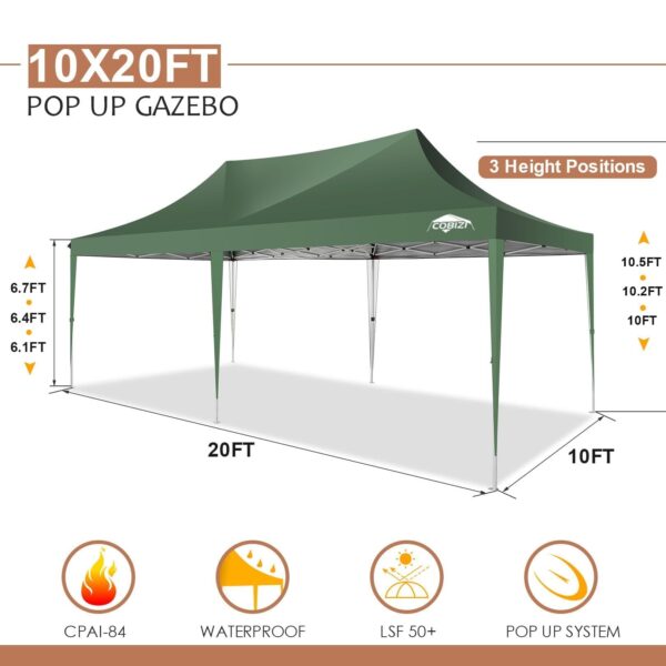 COBIZI 10x20 Pop Up Canopy Tent with 6 Sidewalls, Wedding Party Tent Outdoor Canopy UV50+ Waterproof Canopy Tent Event Shelter, 3 Adjustable Heights, with Carry Bag, Green - Image 2