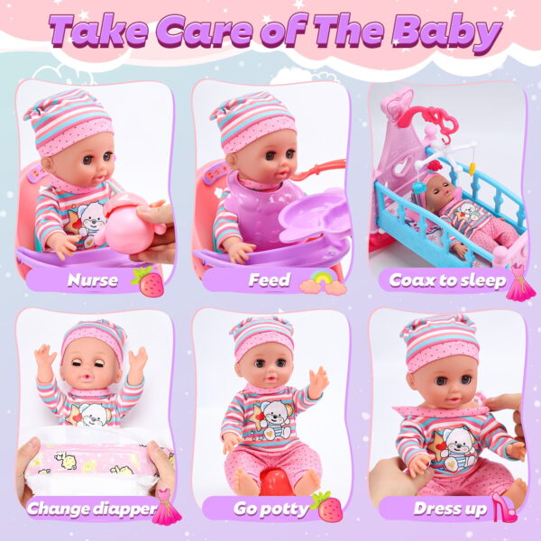 JoyStone Baby Doll Play Set – 12.5" Baby Doll with Crib, High Chair & 41 PCS Accessories - Image 5